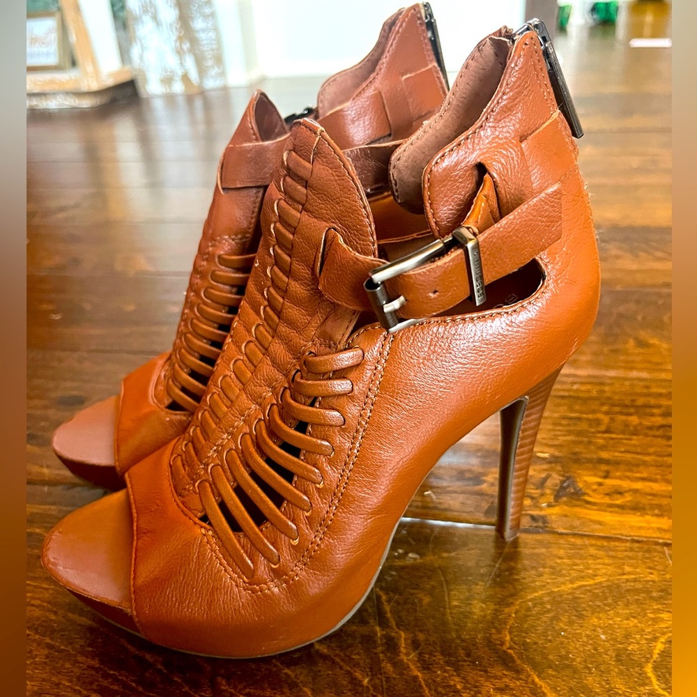 Open Toe Leather Stilettos, Size 6
